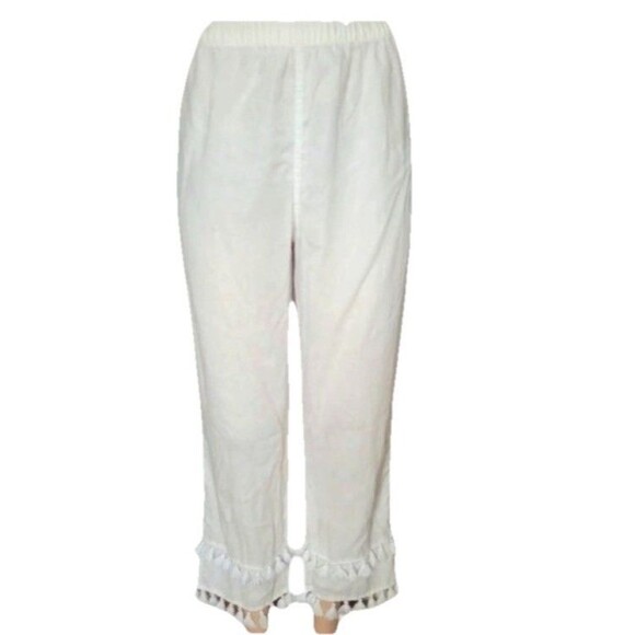 Cynthia Rowley Womens Linen Tassel Hem Pants White Pull On Beach Crop Size Large - Picture 1 of 5